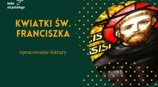 Witraż przedstawiający św. Franciszka z Asyżu na ciemnozielonym tle z żółtymi kropkami.
