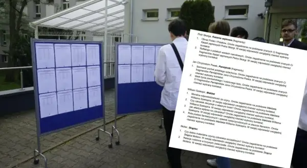 Ludzie czytają ogłoszenia na tablicach przed budynkiem.