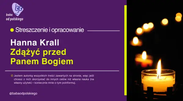 Płonąca świeca na ciemnym tle, obok tekst "Zdążyć przed Panem Bogiem" Hanny Krall.