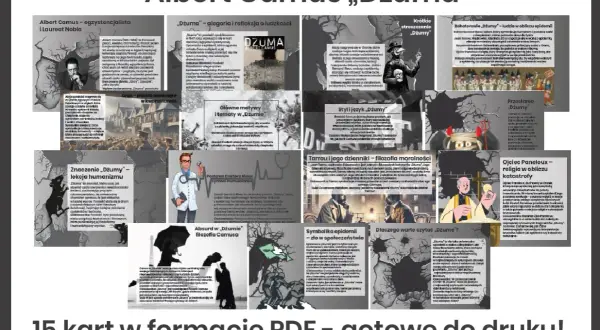 Kolaż grafik i fragmentów tekstu z analizą "Dżumy" Alberta Camusa.