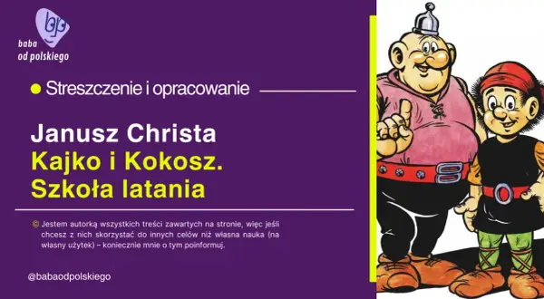 Kajko i Kokosz, dwaj bohaterowie komiksu, na tle fioletowego tła z tekstem.