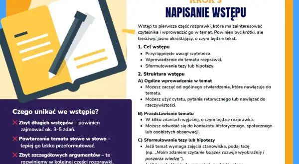 Otwarta książka z ołówkiem, ilustracja do poradnika o pisaniu rozprawki.