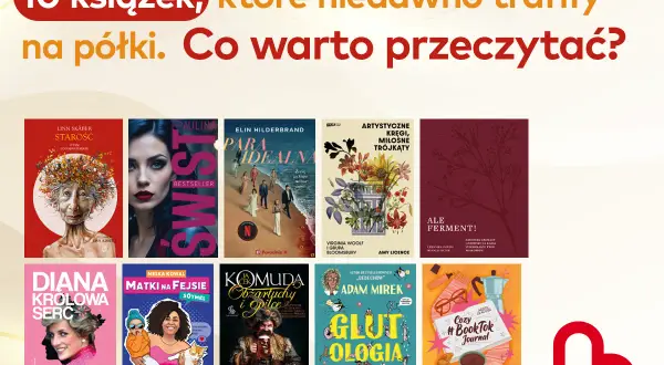 Kolaż okładek książek, w tym portret starszej kobiety, kobiety z burzą włosów, grupy ludzi na plaży i innych.