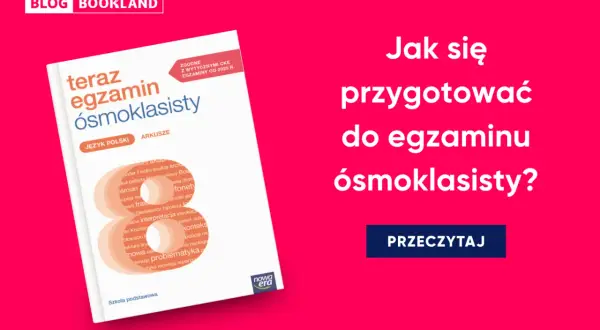 Okładka książki "Teraz egzamin ósmoklasisty. Język polski. Arkusze" na różowym tle.