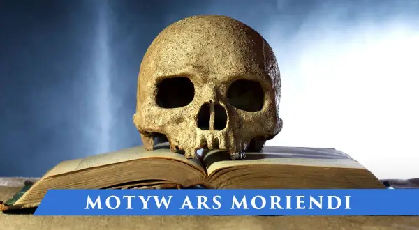 Czaszka na otwartej księdze na tle granatowego nieba z napisem "MOTYW ARS MORIENDI".
