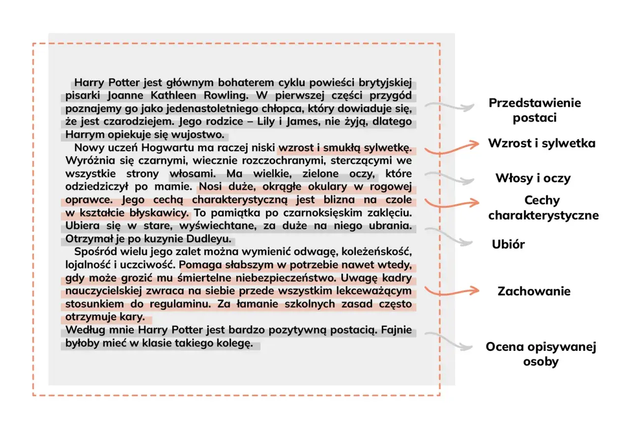 Fragment tekstu o Harrym Potterze z wyróżnionymi cechami postaci i ich opisami.