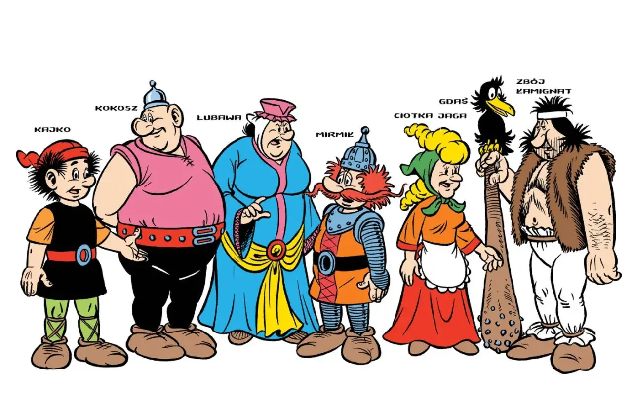 Postacie z komiksu Kajko i Kokosz: Kajko, Kokosz, Lubawa, Mirmil, Ciotka Jaga, Gdaś i Zbój Kamignat.