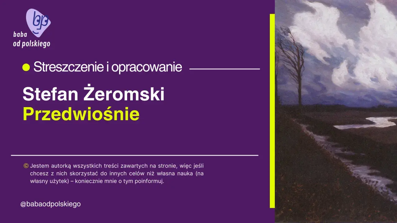 Obraz przedstawia fragment malowidła z drzewem na tle burzowego nieba i tekst "Stefan Żeromski Przedwiośnie".
