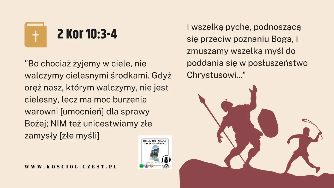 Ilustracja przedstawia dwie sylwetki wojowników walczących ze sobą, symbolizujące walkę duchową.