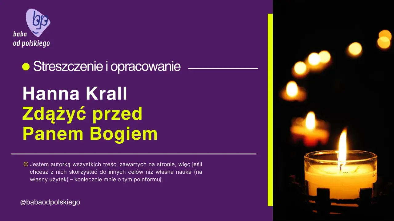 Płonąca świeca na ciemnym tle, obok tekst o książce Hanny Krall "Zdążyć przed Panem Bogiem".