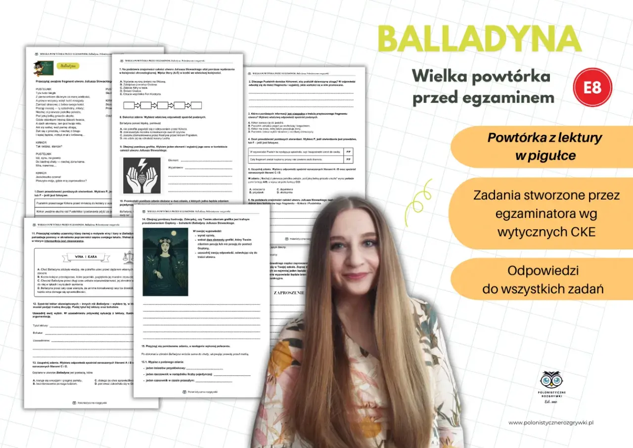 Dziewczyna z zeszytami i materiałami do powtórki przed egzaminem ósmoklasisty z lektury "Balladyna".