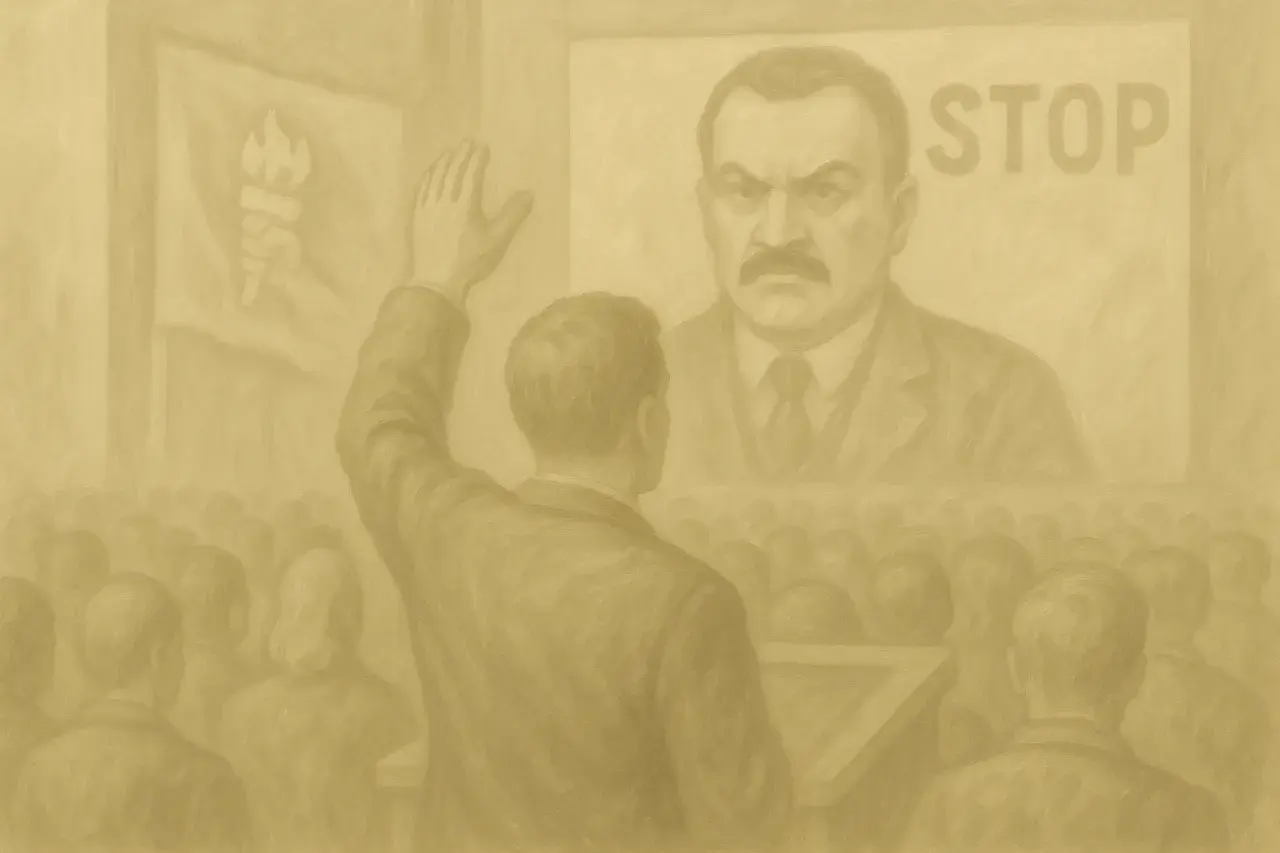 Mężczyzna z podniesioną ręką przed tłumem i portretem surowego przywódcy z napisem "STOP".