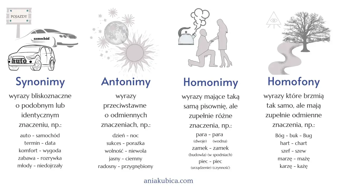 Ilustracje przedstawiające synonimy (auta), antonimy (księżyc i słońce), homonimy (para, zamek) i homofony (Bóg, buk).