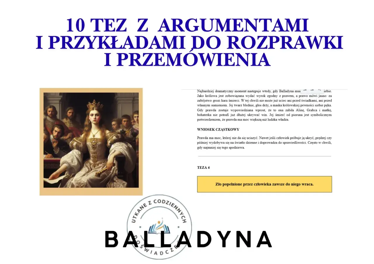 Obraz przedstawia królową w złotej sukni i koronie, otoczoną przez mężczyzn w historycznych strojach.