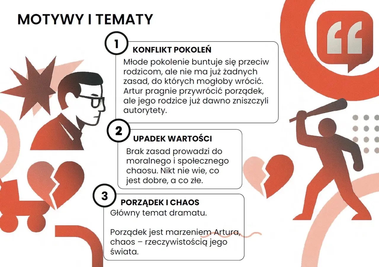 Grafika przedstawia sylwetkę mężczyzny z okularami, złamane serce, dziecko na rolkach i postać z pałką.