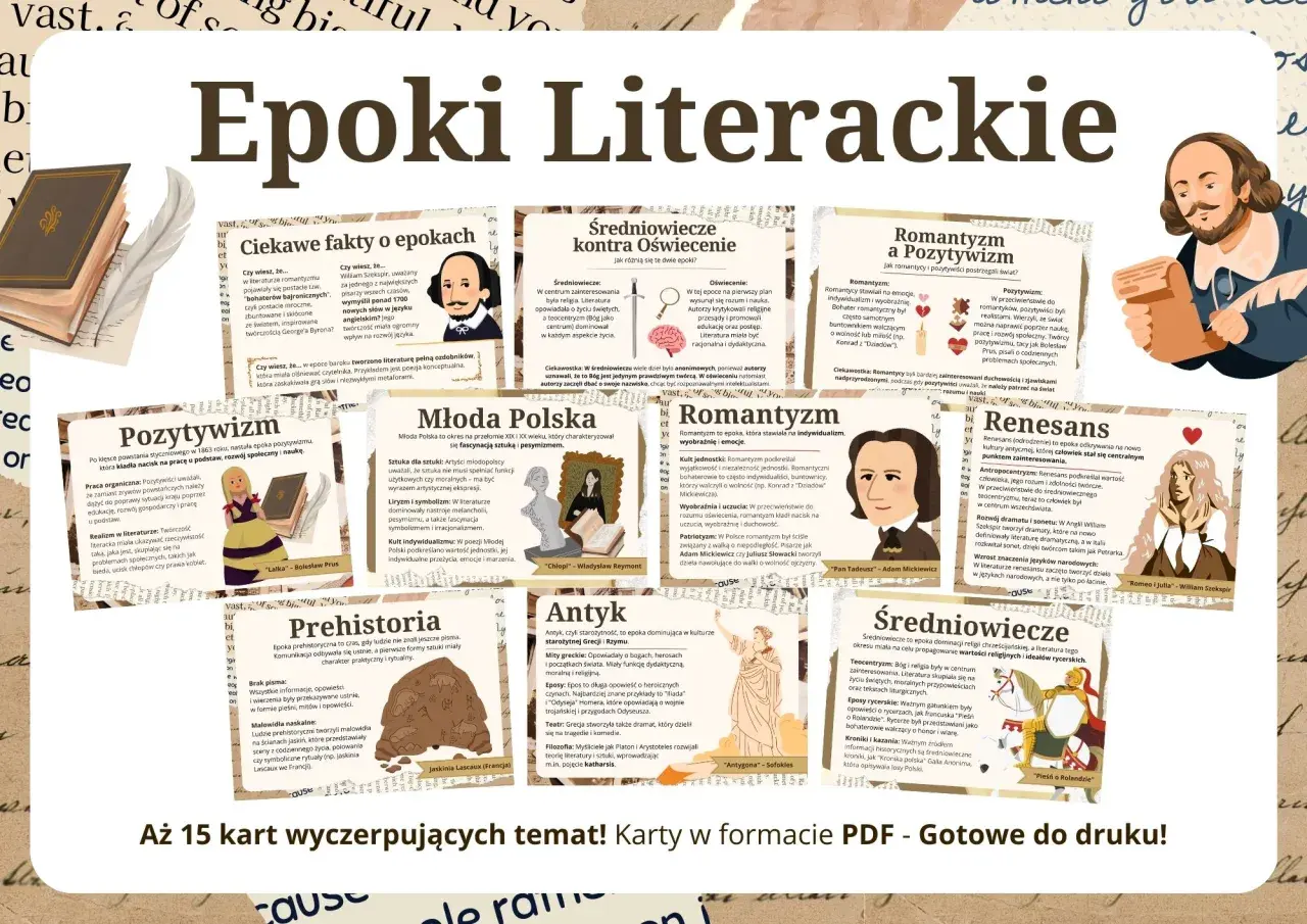 Ilustracja przedstawia kolaż z epok literackich, z portretami pisarzy i grafikami.
