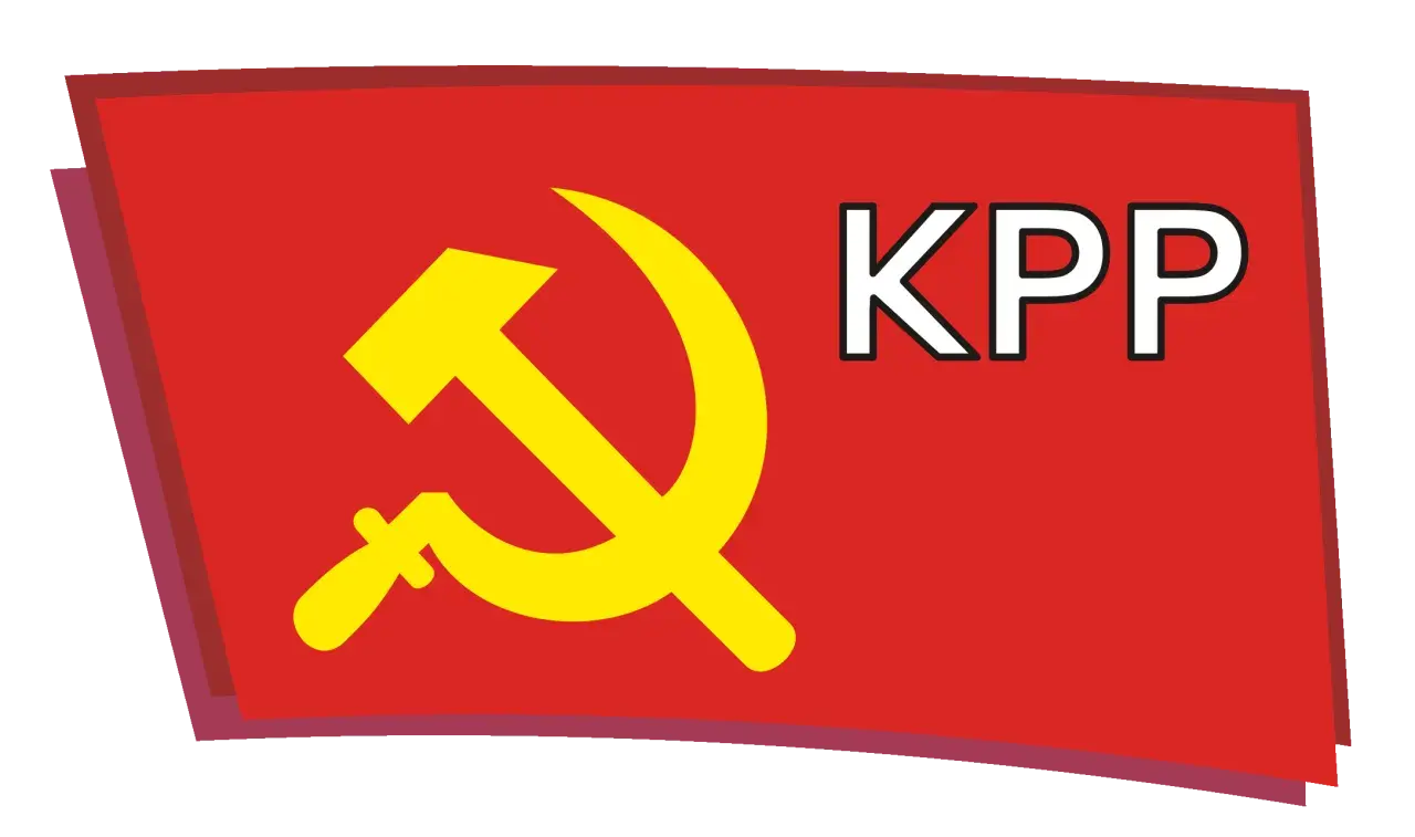 Czerwona chorągiew z żółtym sierpem i młotem oraz napisem KPP.