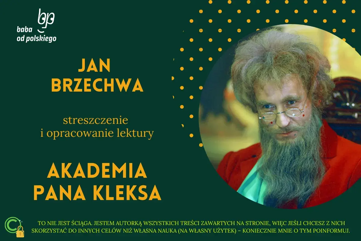 Portret Pana Kleksa z brodą i okularami na tle zielonej grafiki z kropkami.