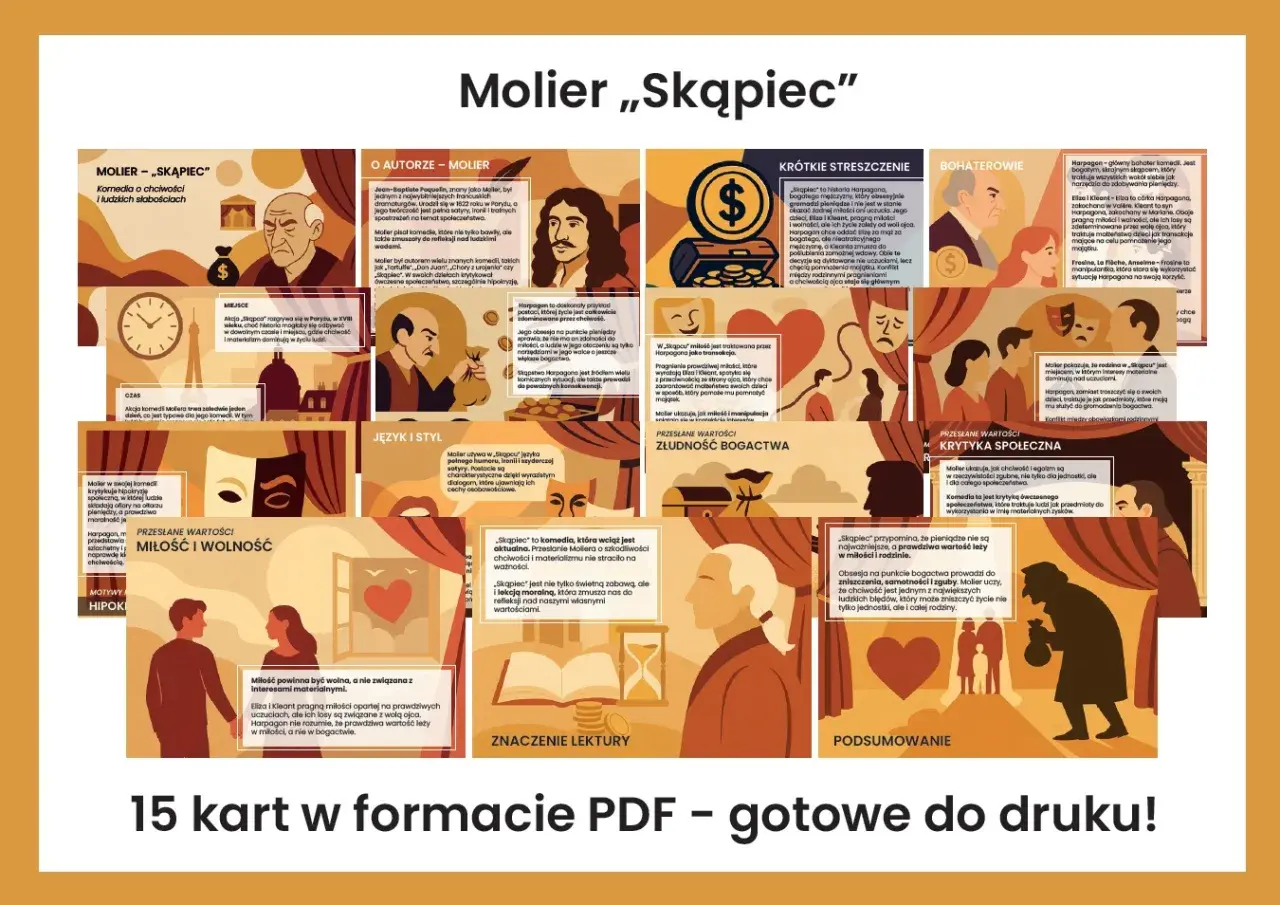 Ilustracja przedstawia kolaż grafik i cytatów z "Skąpca" Moliera, z dominującymi postaciami i symbolami.