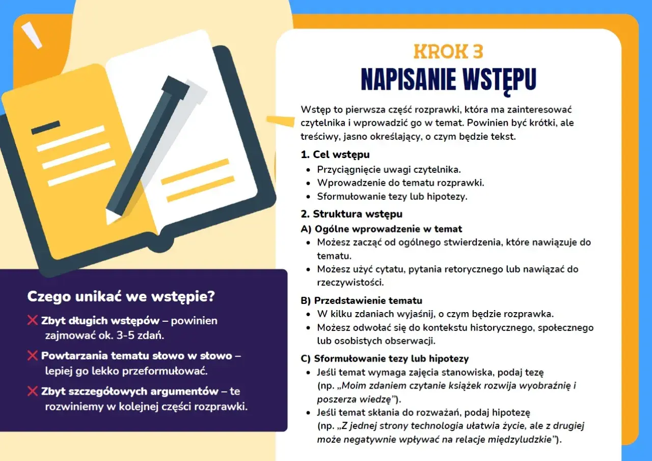 Otwarta książka z ołówkiem, ilustracja do poradnika o pisaniu wstępu do rozprawki.