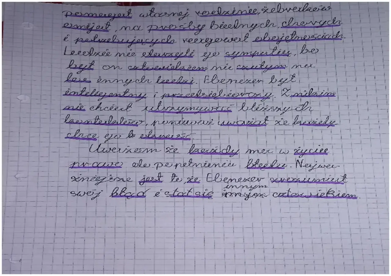 Ręcznie pisany tekst fioletowym długopisem na kratkowanym papierze.