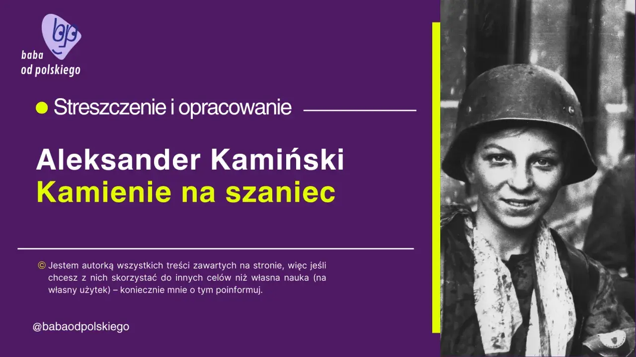 Czarno-białe zdjęcie młodej kobiety w hełmie wojskowym, obok tekst.