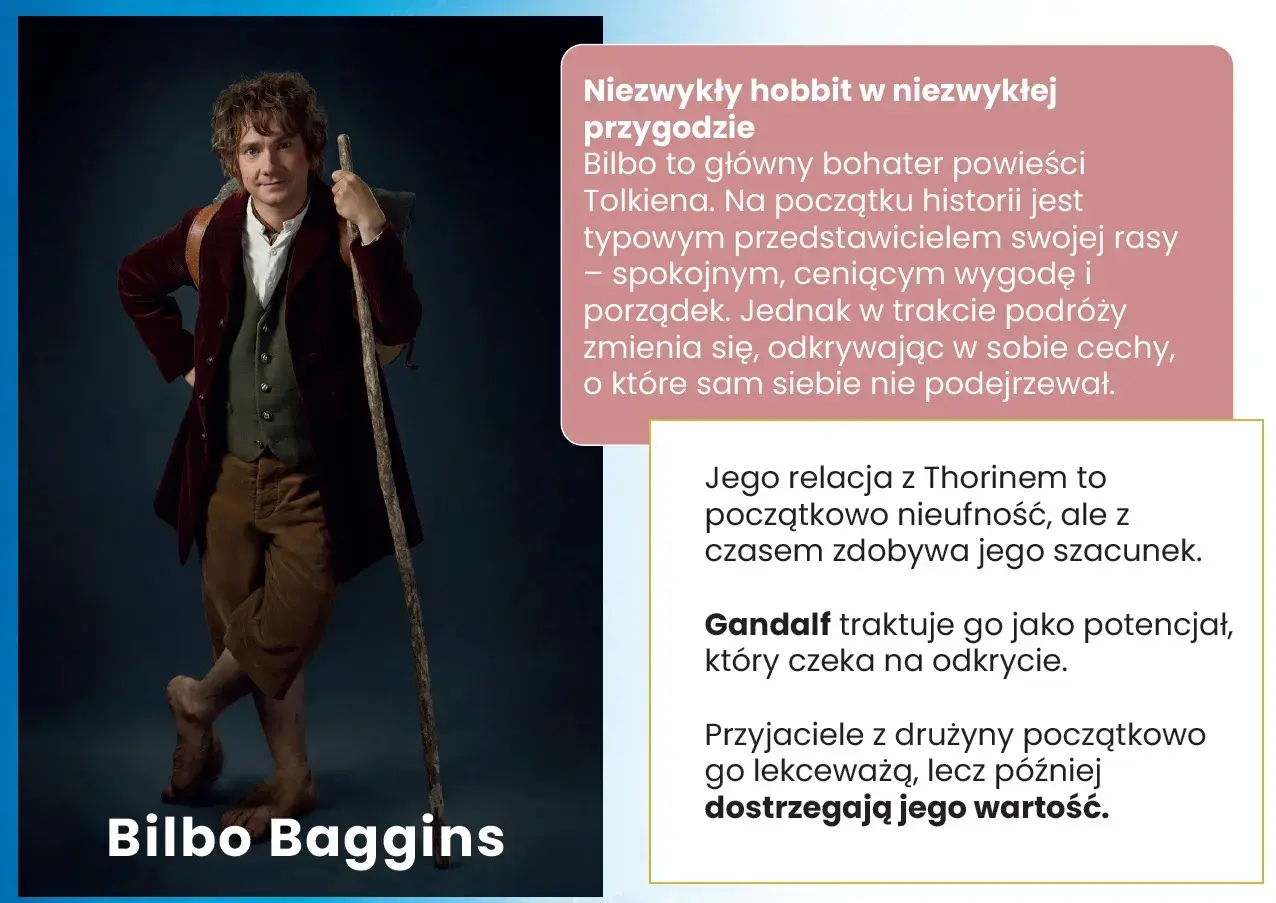 Bilbo Baggins, hobbit z laską, w stroju podróżnym.