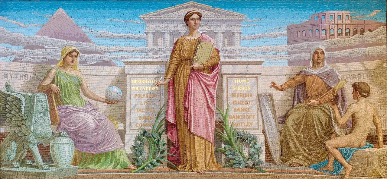 Mozaika przedstawiająca alegorie mitologii, historii i tradycji z postaciami i budowlami.