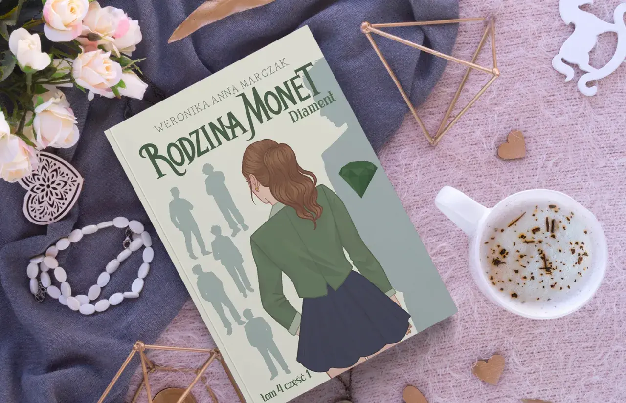 Okładka książki "Rodzina Monet: Diament" z dziewczyną i sylwetkami rodziny.