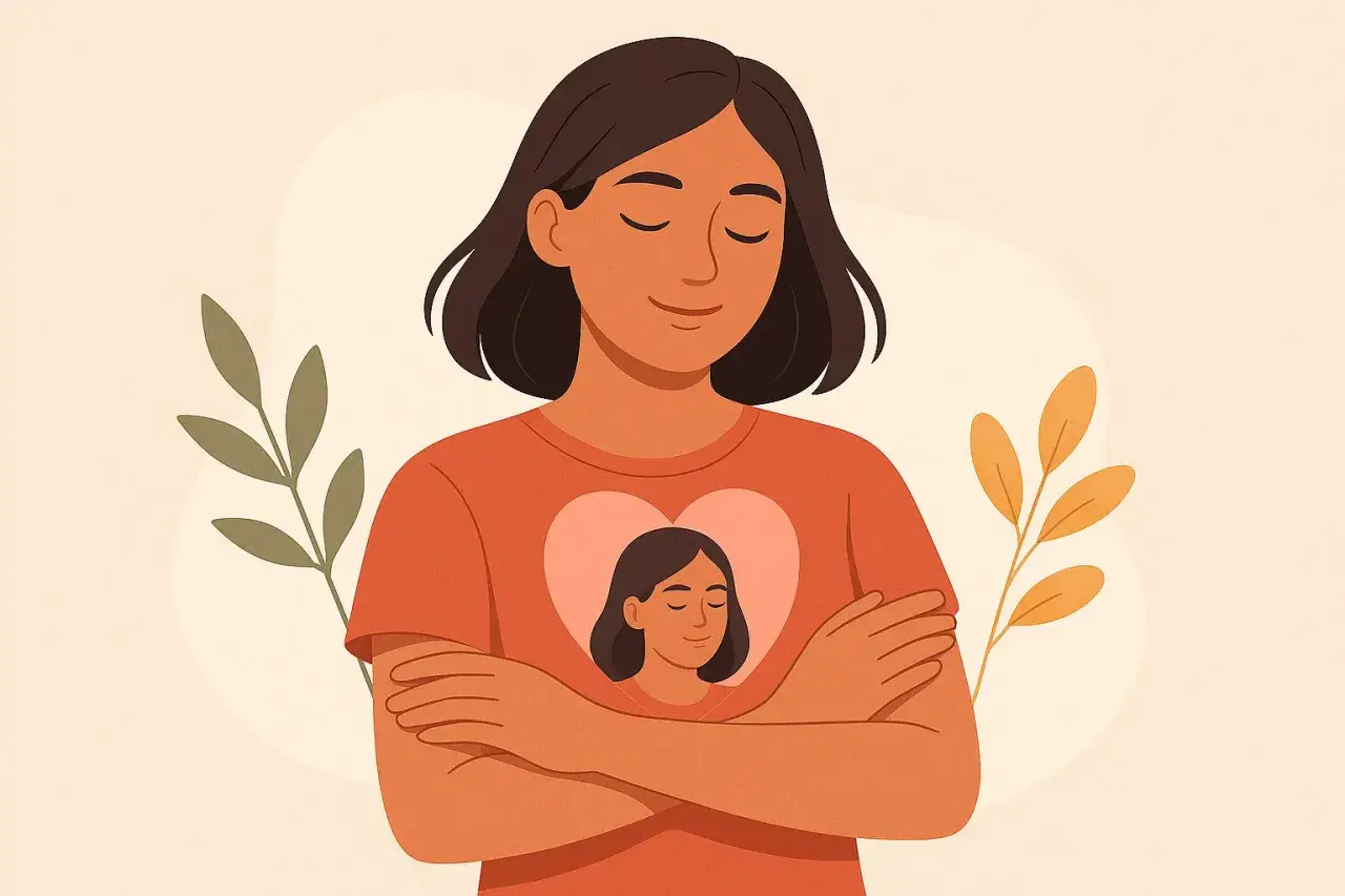 Ilustracja kobiety obejmującej się, z jej podobizną w sercu na koszulce.