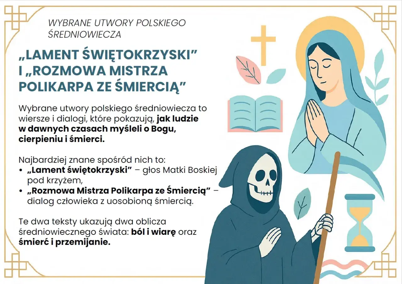 Postać Śmierci, modląca się Matka Boska, krzyż, księga i klepsydra.