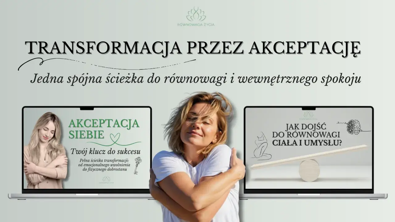 Kobieta obejmująca się na tle dwóch laptopów z grafikami o akceptacji siebie i równowadze ciała i umysłu.