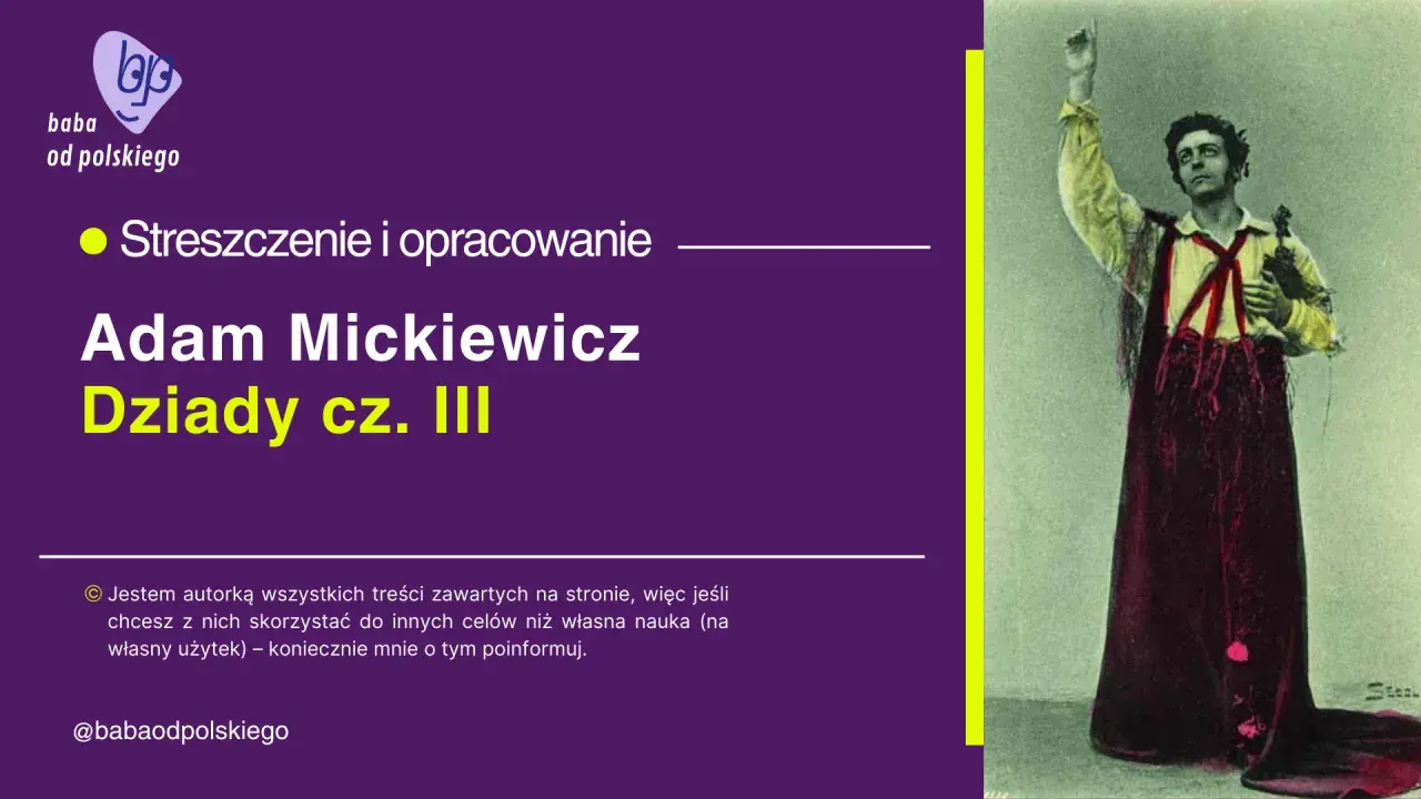 Grafika z portretem mężczyzny w stroju ludowym i tekstem "Adam Mickiewicz Dziady cz. III".