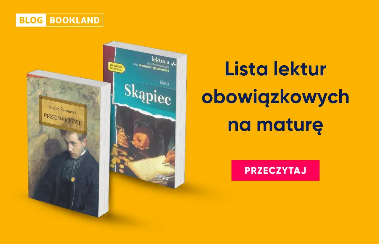 Dwie okładki książek: "Przedwiośnie" i "Skąpiec", na żółtym tle.