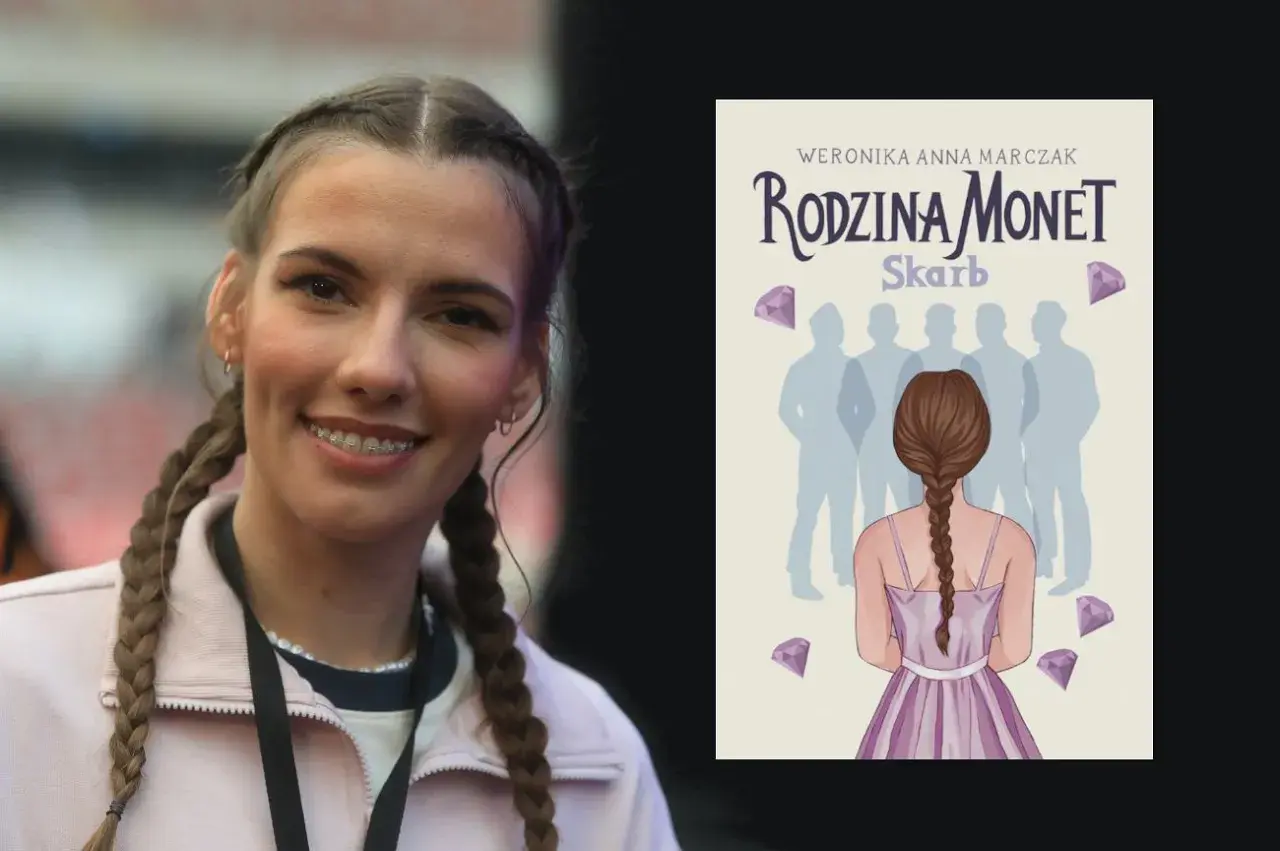 Uśmiechnięta dziewczyna z warkoczami obok okładki książki "Rodzina Monet: Skarb".