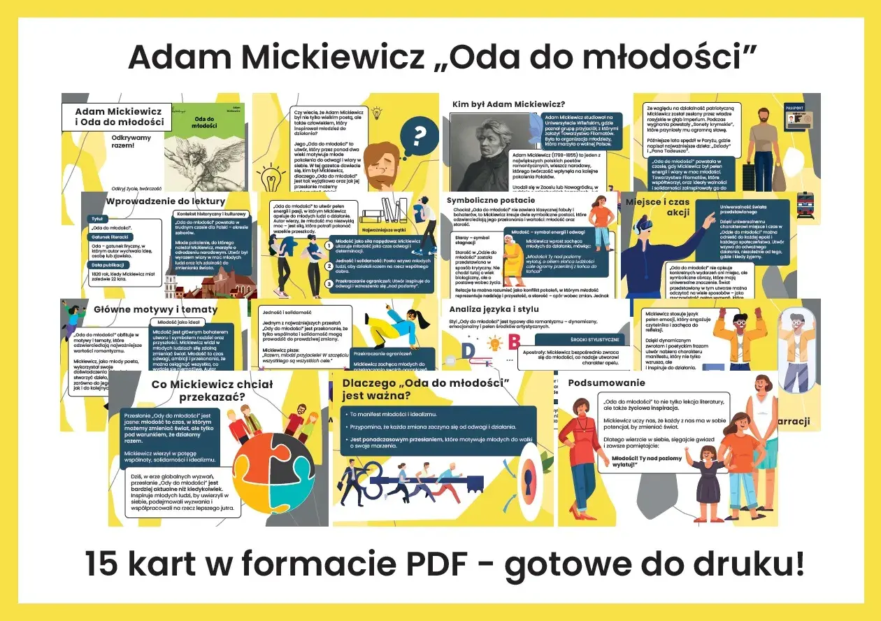 Ilustracja z cytatem Adama Mickiewicza "Oda do młodości", z elementami graficznymi i tekstem.