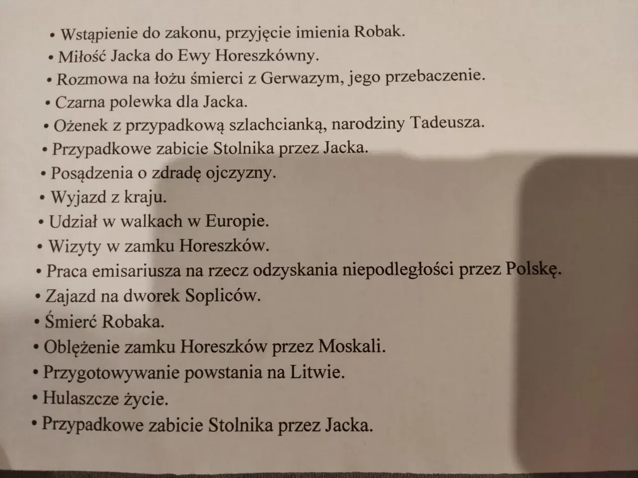 Lista punktowana z wydarzeniami z "Pana Tadeusza", w tym zabójstwo Stolnika.