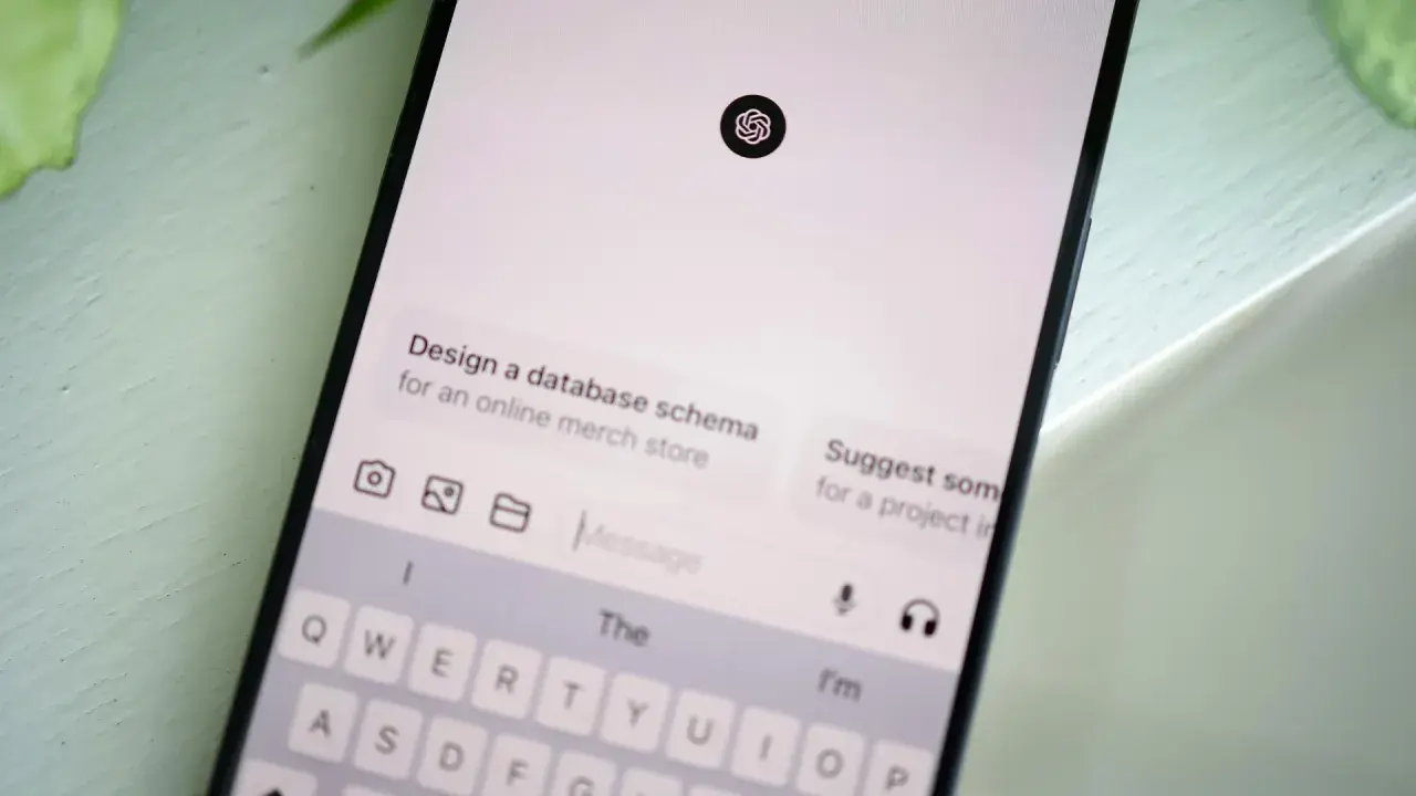 Ekran smartfona z interfejsem czatu AI, klawiaturą i ikoną ChatGPT.