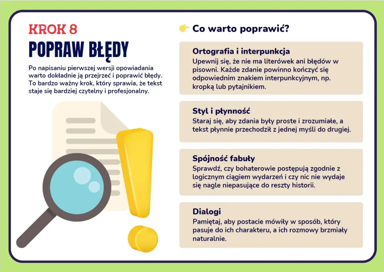 Lupa, wykrzyknik i dokument symbolizujące poprawianie błędów w tekście.