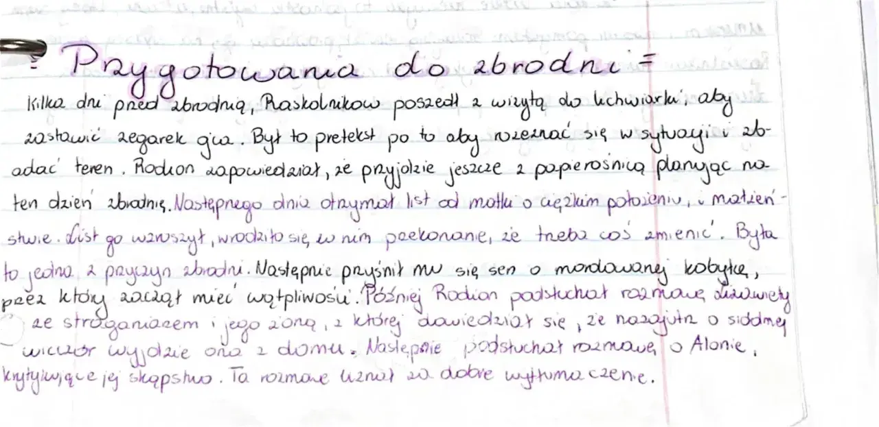 Ręcznie pisany tekst na kartce w kratkę, tytuł "Przygotowania do zbrodni".