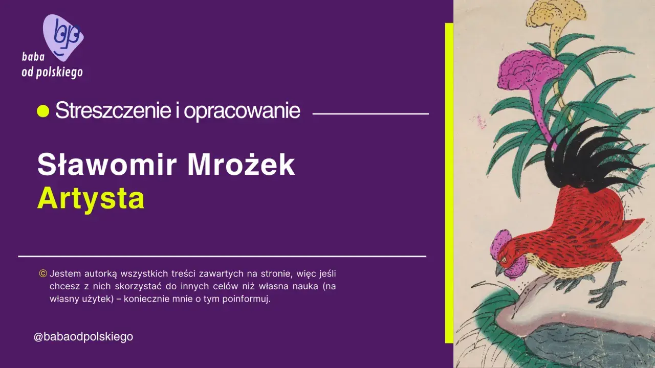 Grafika z kogutem i kwiatami, obok tekst: "Sławomir Mrożek Artysta".