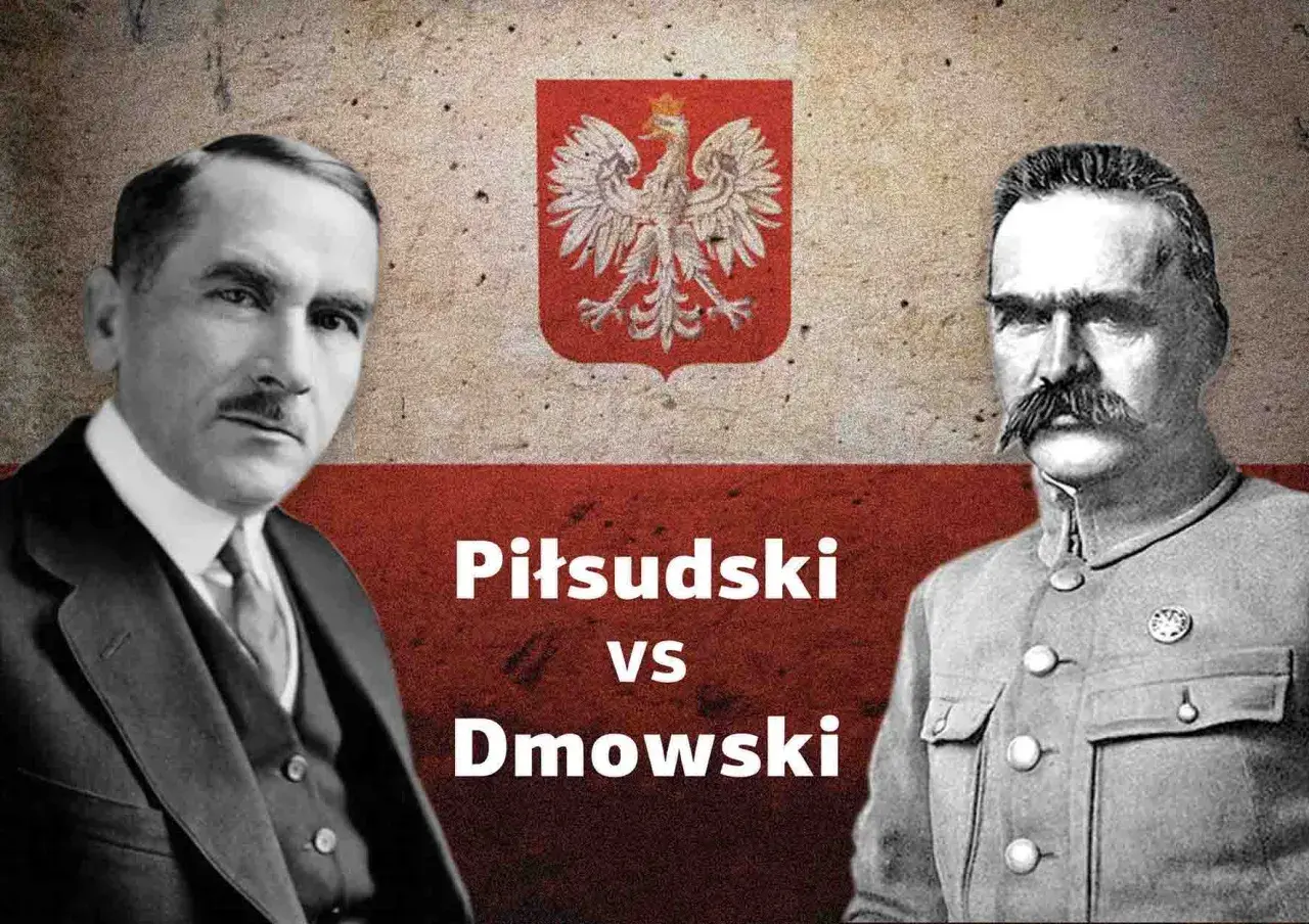 Portret Józefa Piłsudskiego i Romana Dmowskiego na tle flagi Polski.