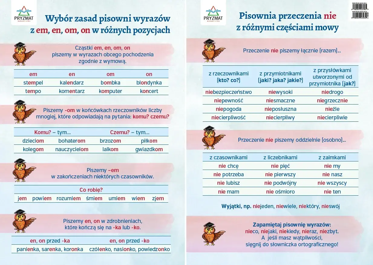 Grafika z sowami w czapkach, przedstawiająca zasady pisowni polskiej: "em", "en", "om", "on" i "nie".