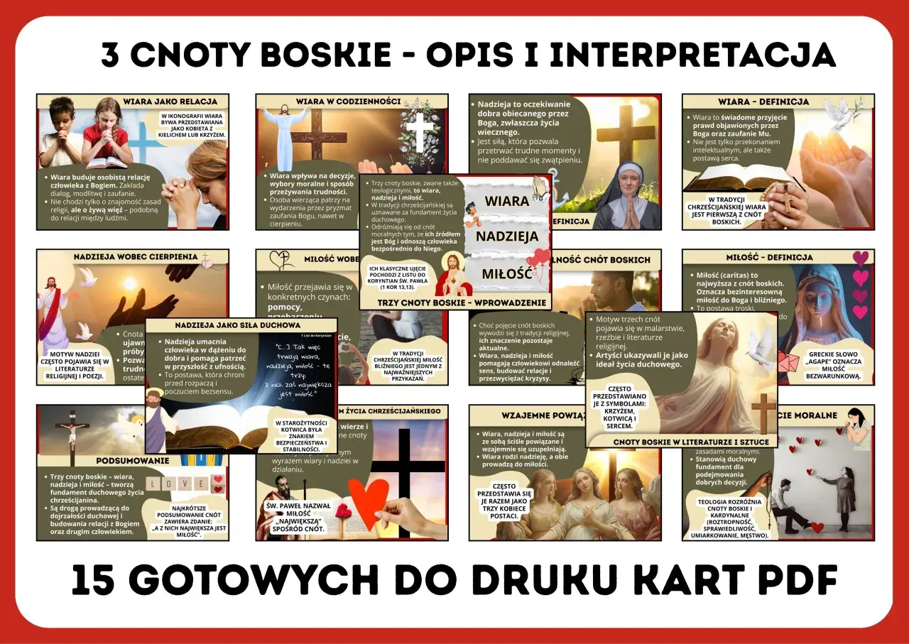 Grafika przedstawia kolaż ilustracji symbolizujących wiarę, nadzieję i miłość w kontekście chrześcijańskim.