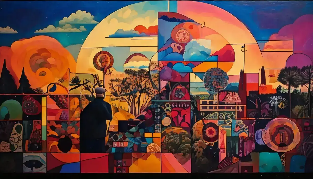 Kolorowy mural z sylwetką mężczyzny patrzącego na surrealistyczny krajobraz podzielony na kafelki.