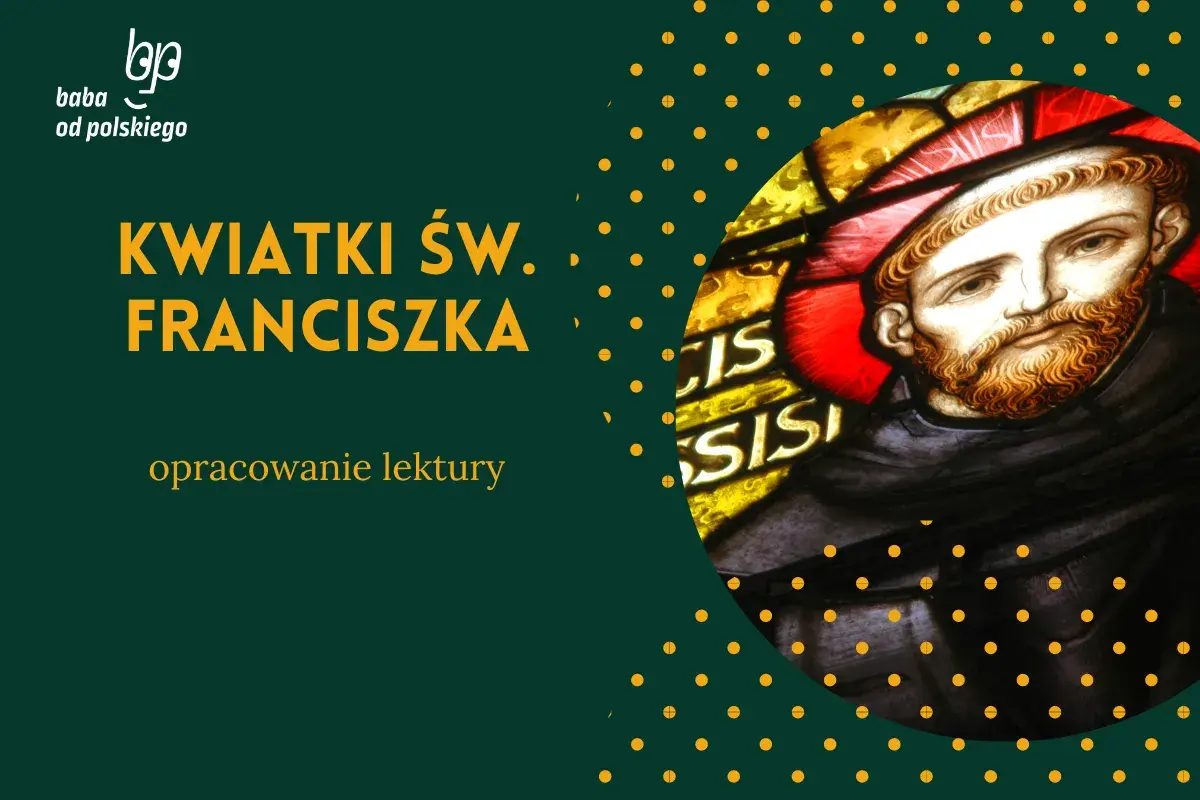 Witraż przedstawiający św. Franciszka z Asyżu na ciemnozielonym tle z żółtymi kropkami.