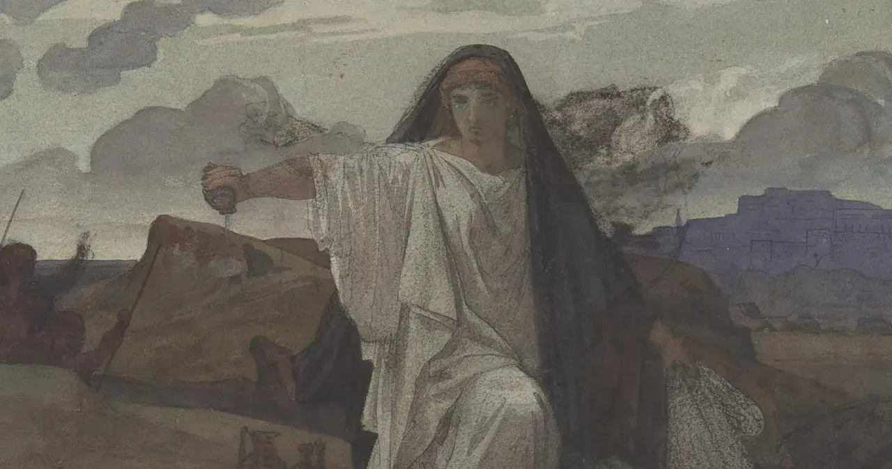 Antygona w białej todze i czarnym welonie, trzymająca kamień, na tle gór i miasta.