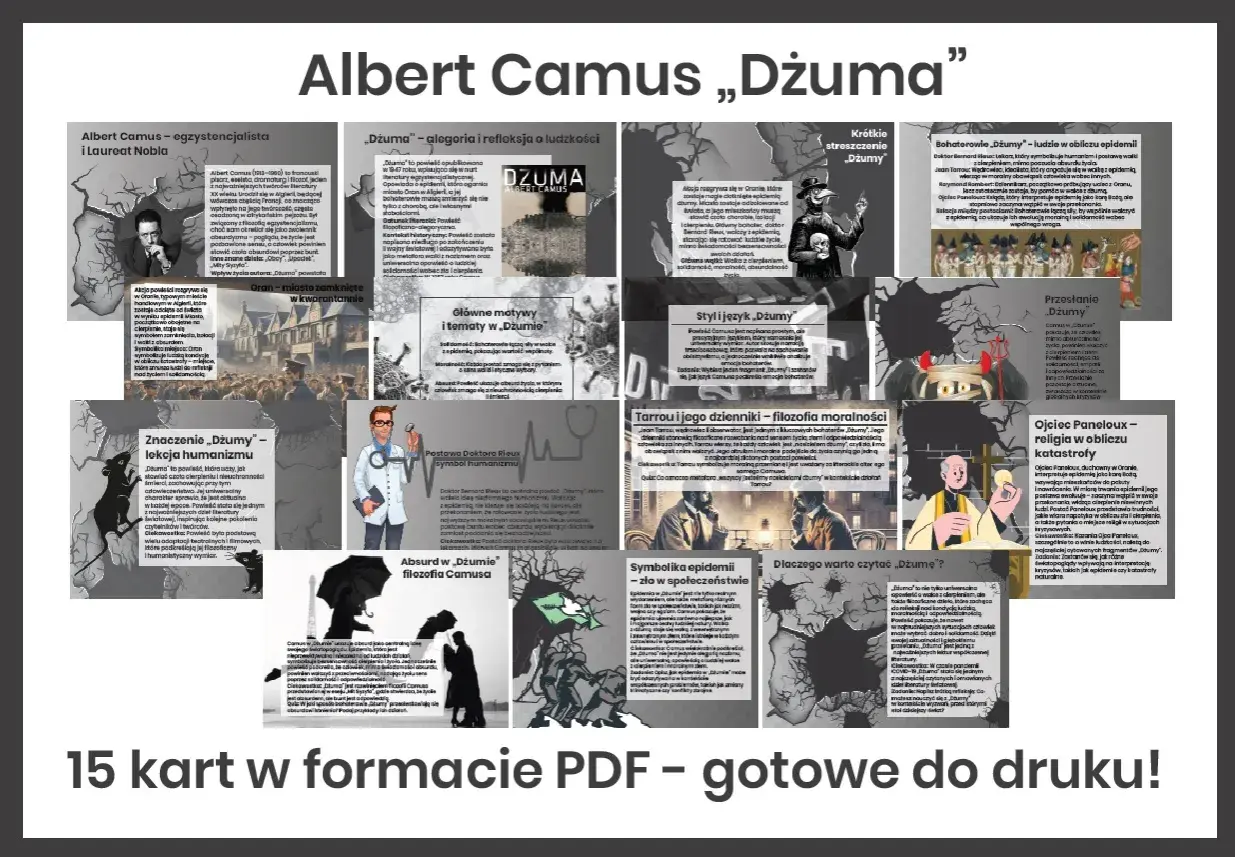 Kolaż grafik i fragmentów tekstu o "Dżumie" Alberta Camusa.