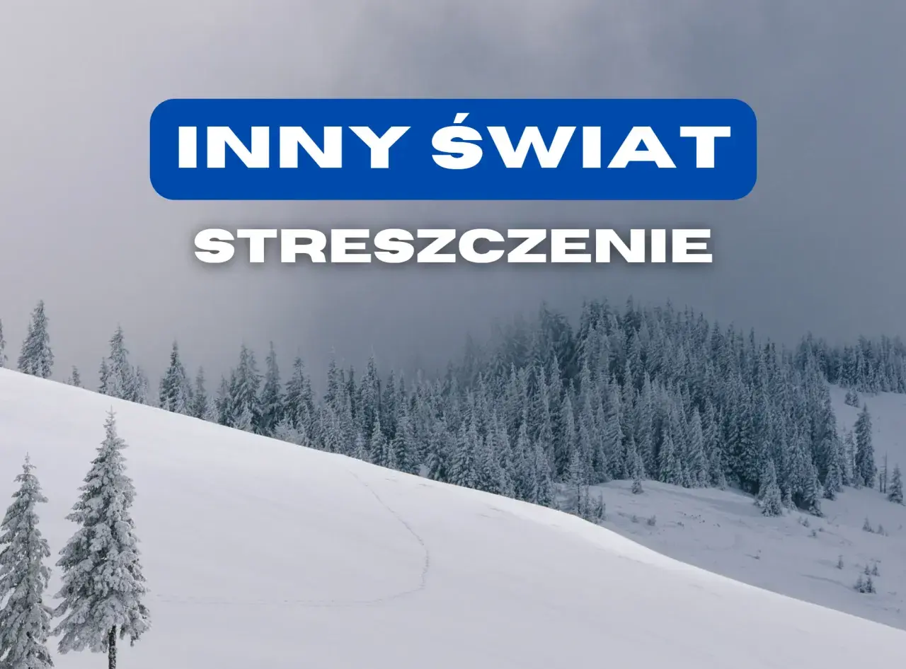Zasypany śniegiem las i zbocze z napisem "INNY ŚWIAT STRESZCZENIE".