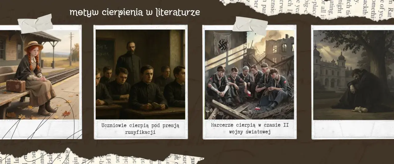 Cztery obrazy: dziewczynka na stacji, uczniowie w klasie, harcerze w ruinach, mężczyzna w żałobie.